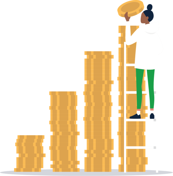 Image of person climbing a ladder and stacking a series of coins