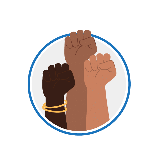 Three fists in the air with varying skin tones